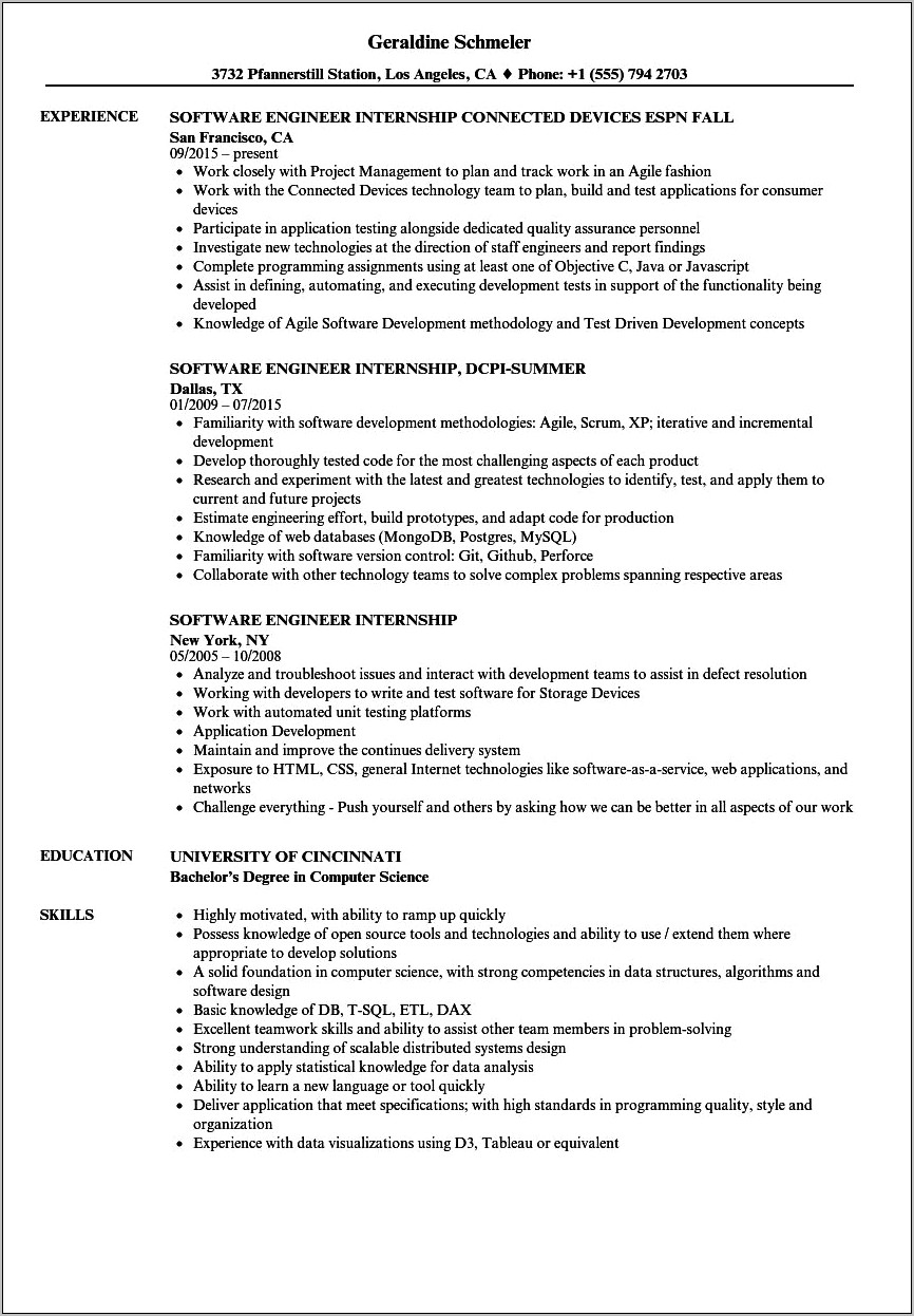 Resume Sample For Engineering Internship