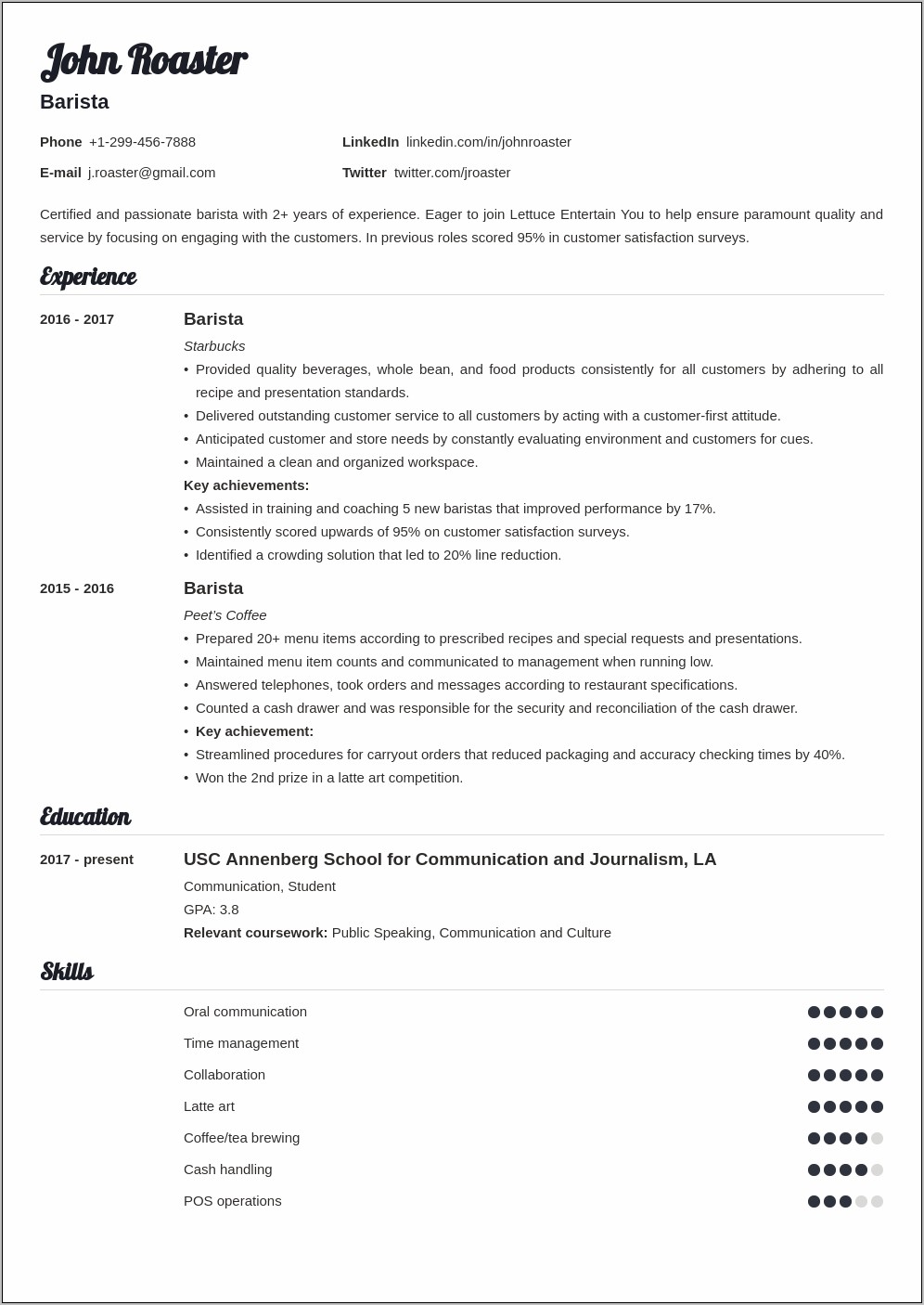 Resume Sample For Experienced Barista