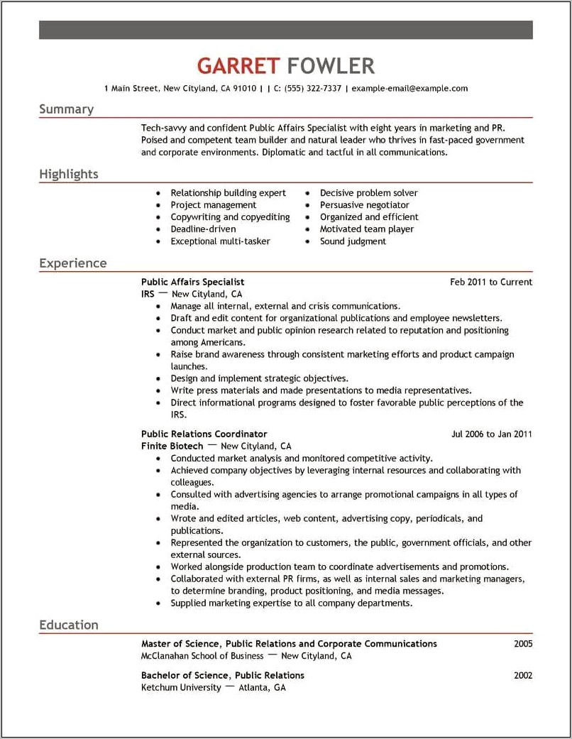 Resume Sample For Government Employee
