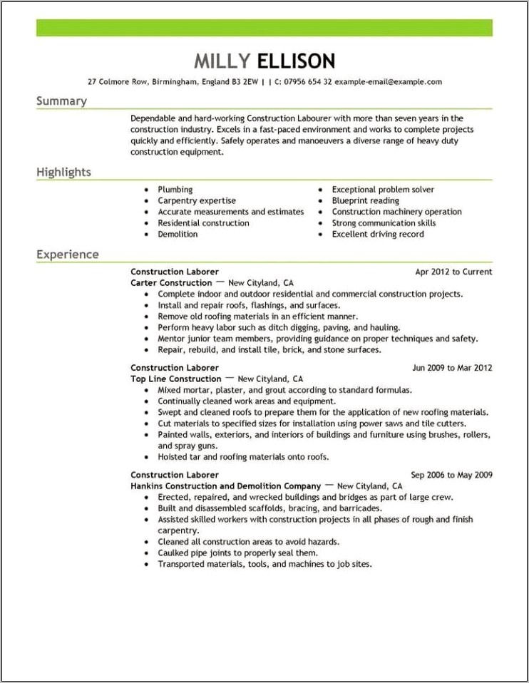 Resume Sample For Labor Job