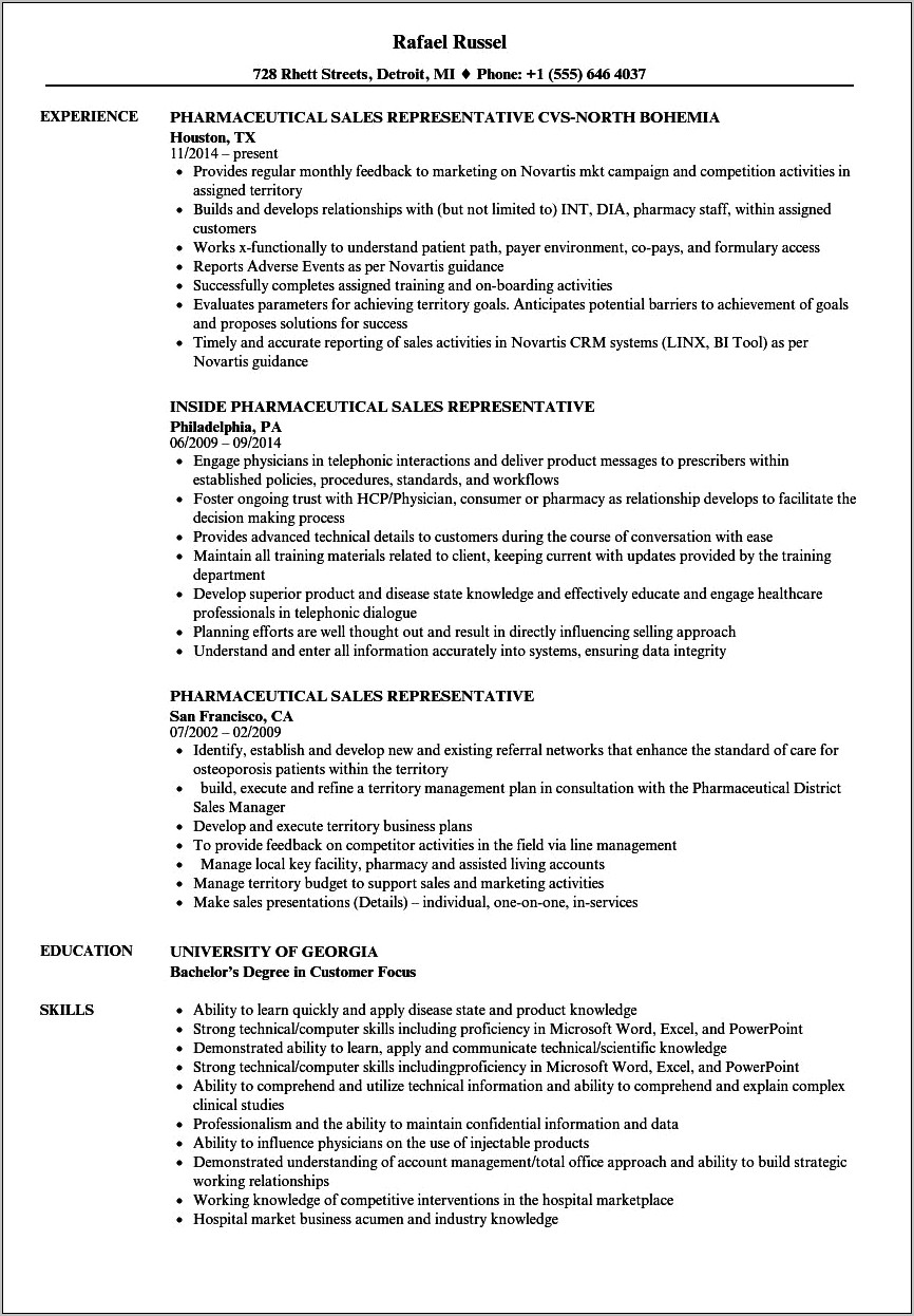 Resume Sample For Pharma Company