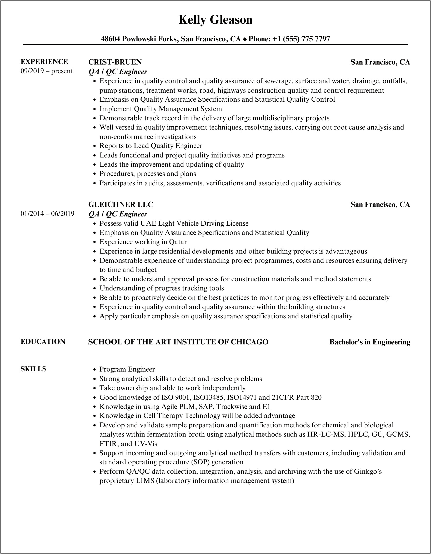 Resume Sample For Qc Engineer