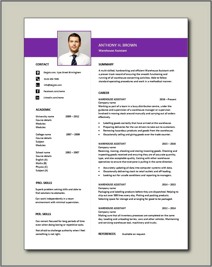 Resume Sample For Warehouse Assistant