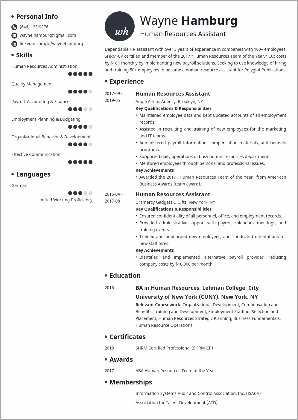 Resume Sample Human Resources Assistant