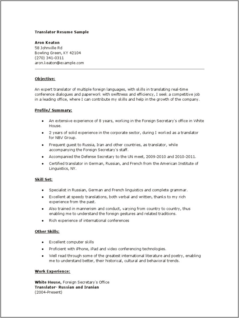 Resume Sample In English Translator