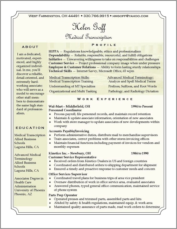 Resume Sample Of Medical Transcriptionist