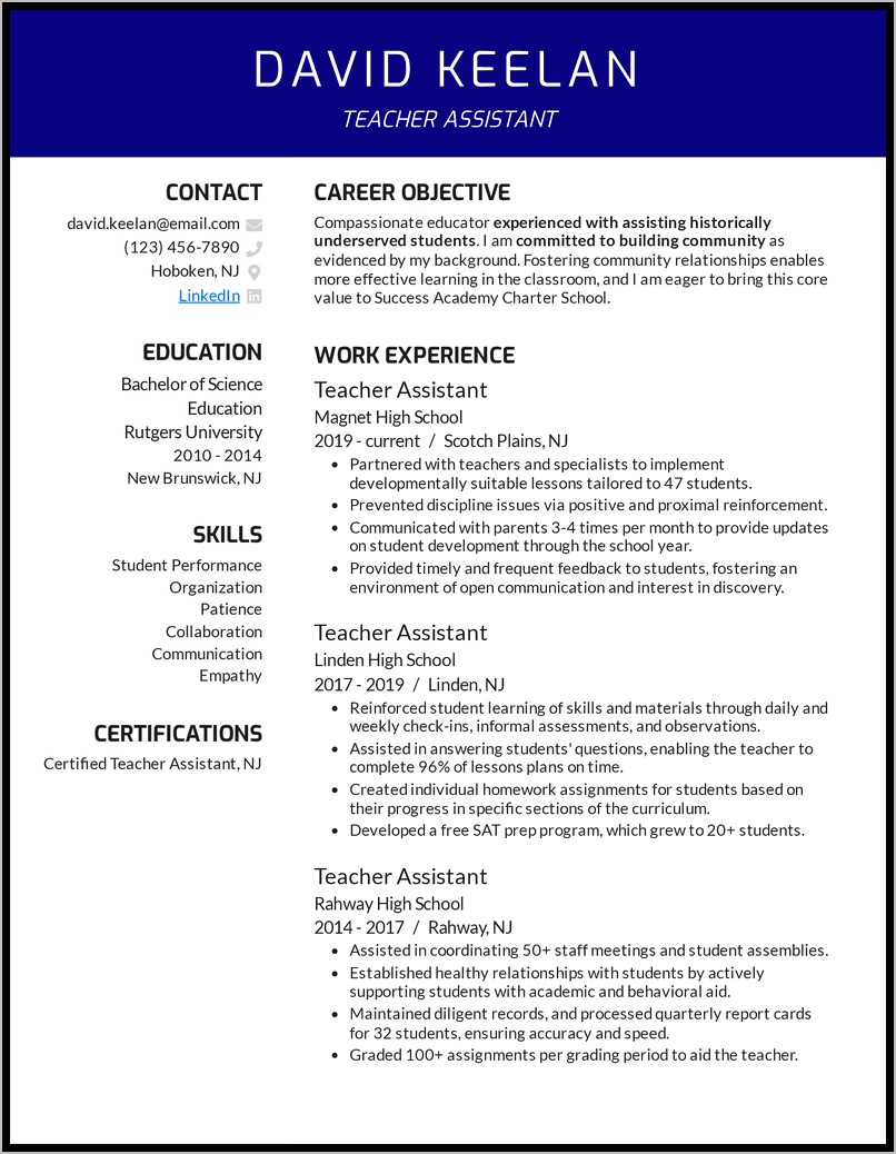 Resume Sample Of Teacher Assistant