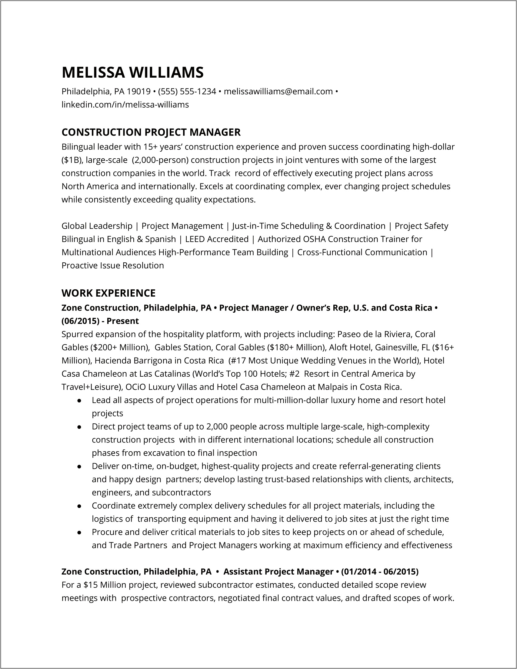 Resume Senior Project Manager Construction