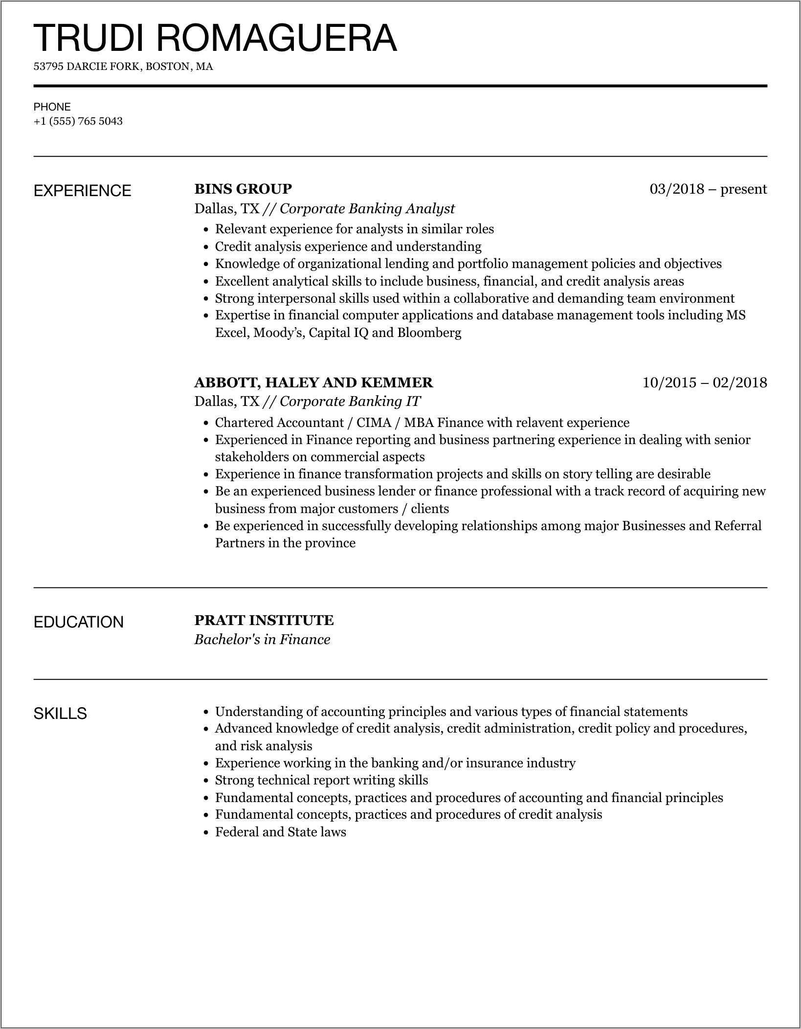 Resume Skills Acquired From Banking