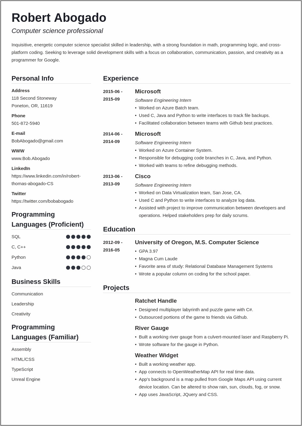Resume Skills For Computer Science