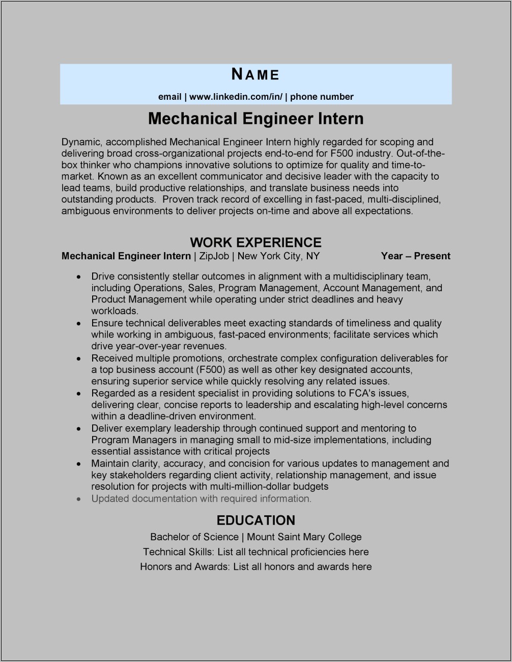 Resume Summary Examples Engineering Intern