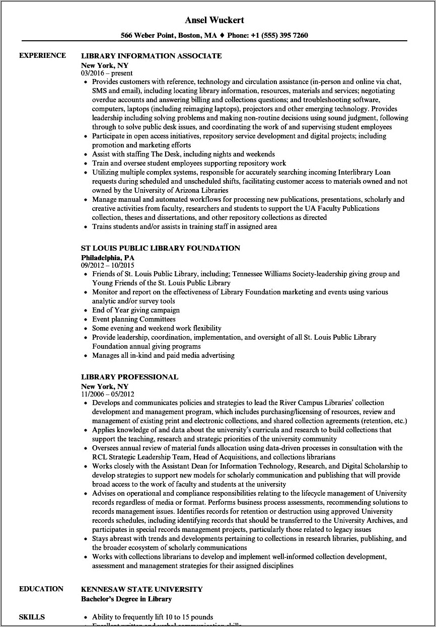 Resume Summary Examples For Library