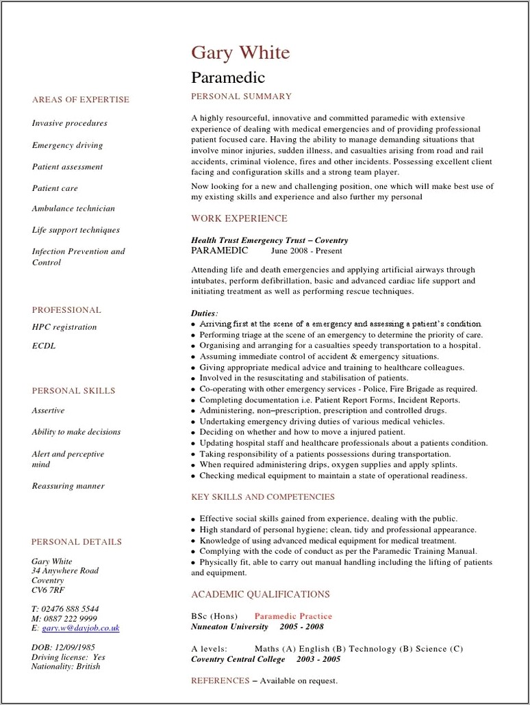 Resume Summary Examples For Paramedic