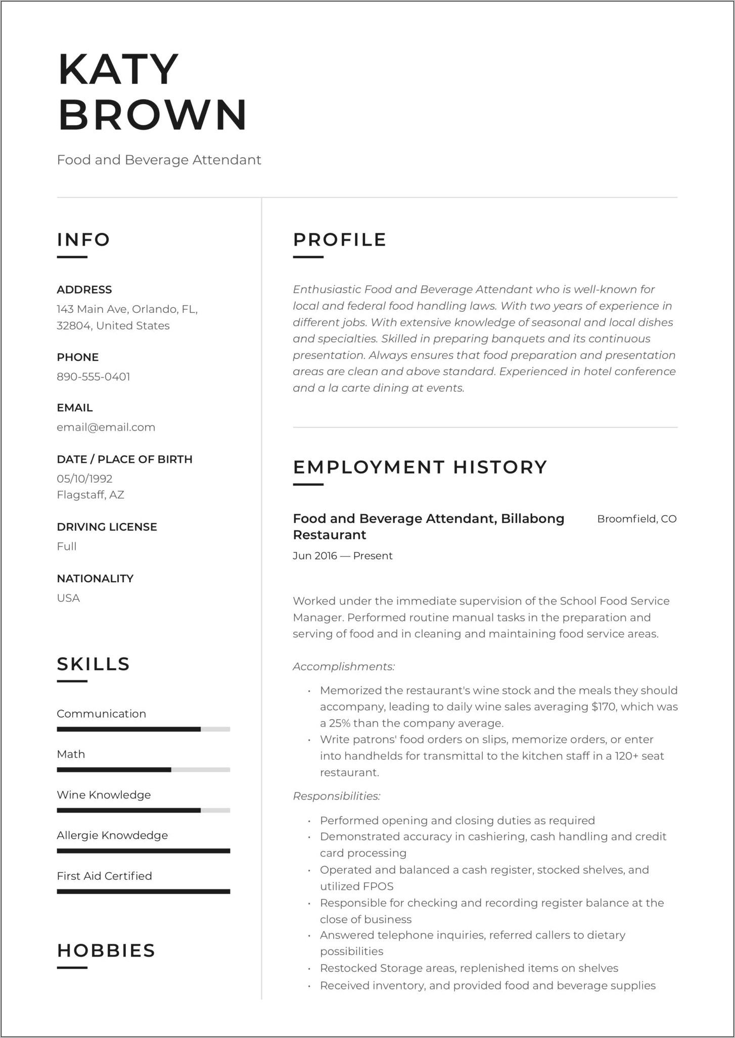 Resume Summary For Hotel Management