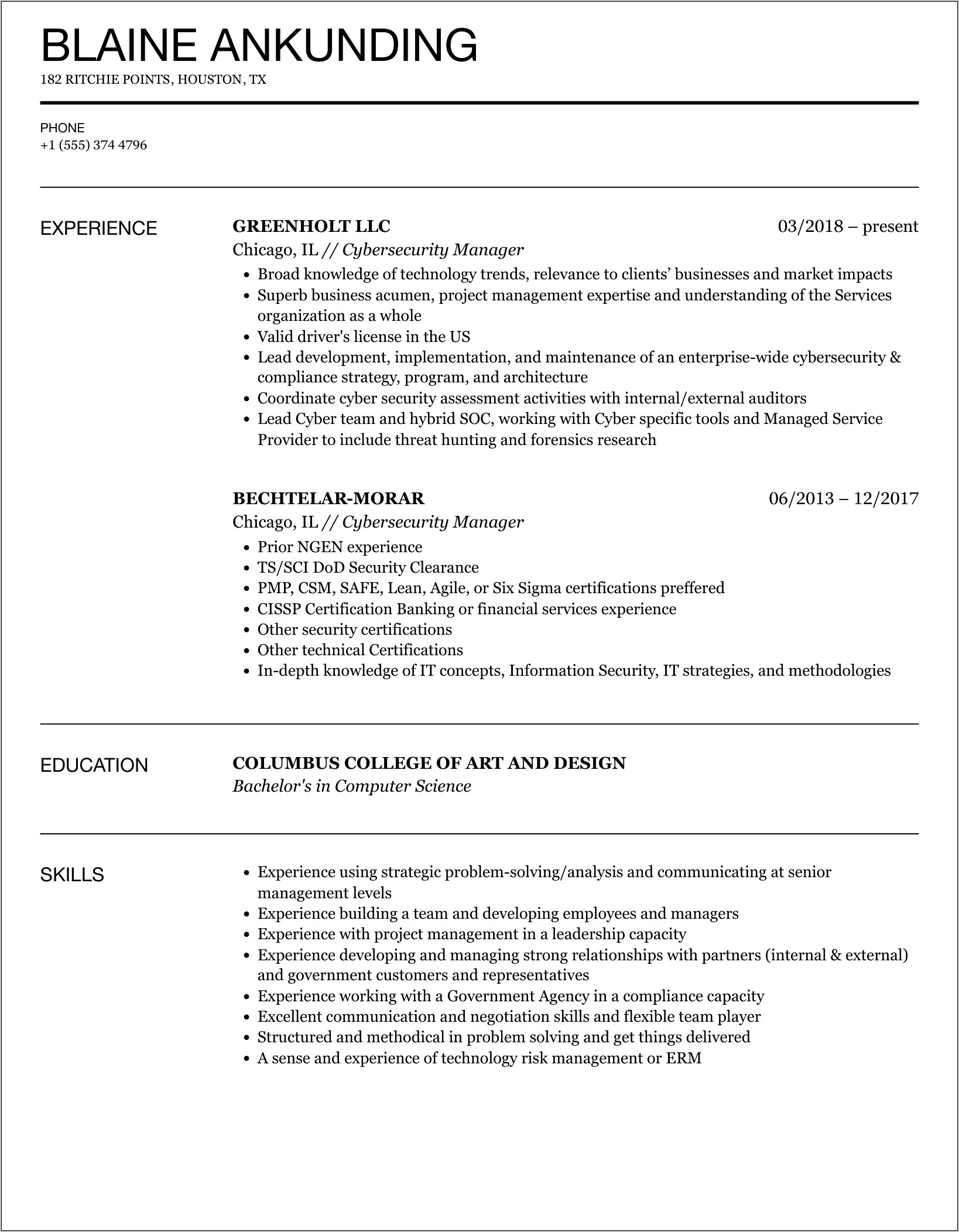 Resume Summary For Manager Examples