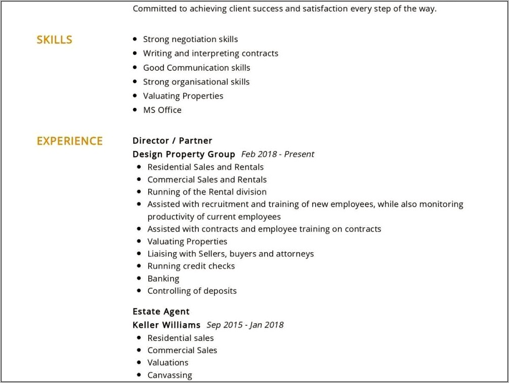 Resume Summary Of Realtor Job