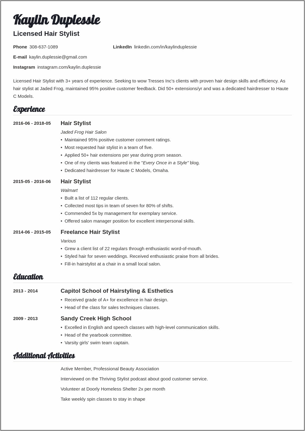 Resume Templates Hair Stylist Manager