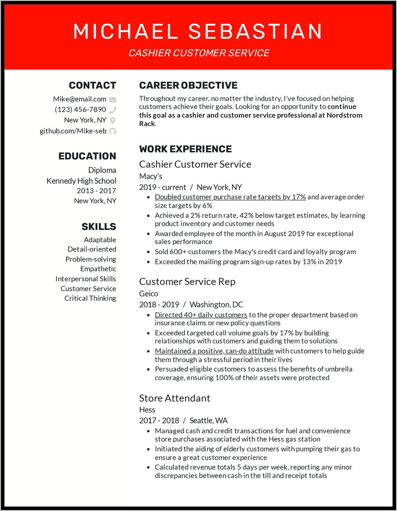Resume Title Examples For Cashier