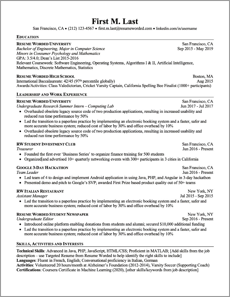 Resume With Relevant Coursework Example