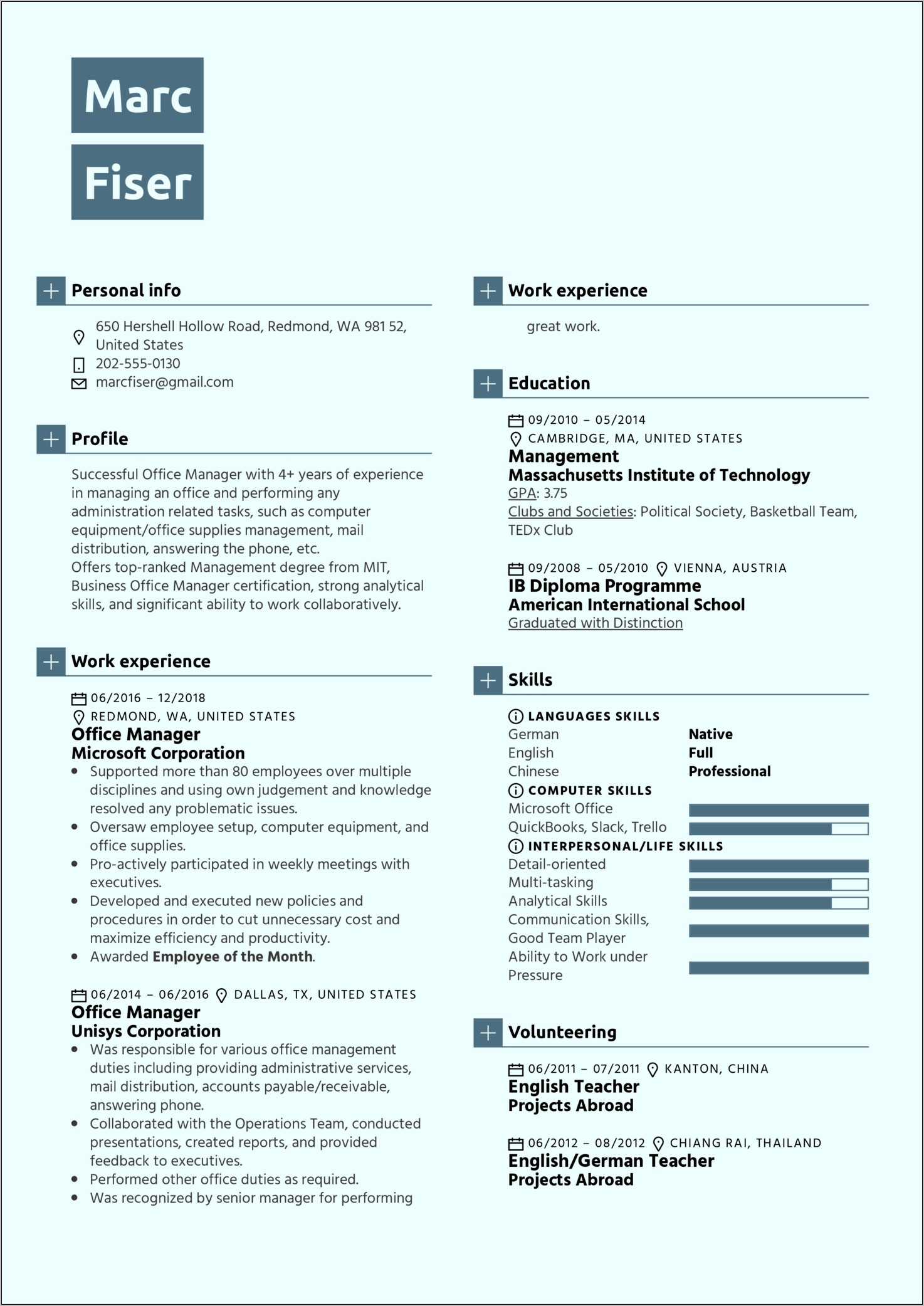 Resume Wording For Office Manager