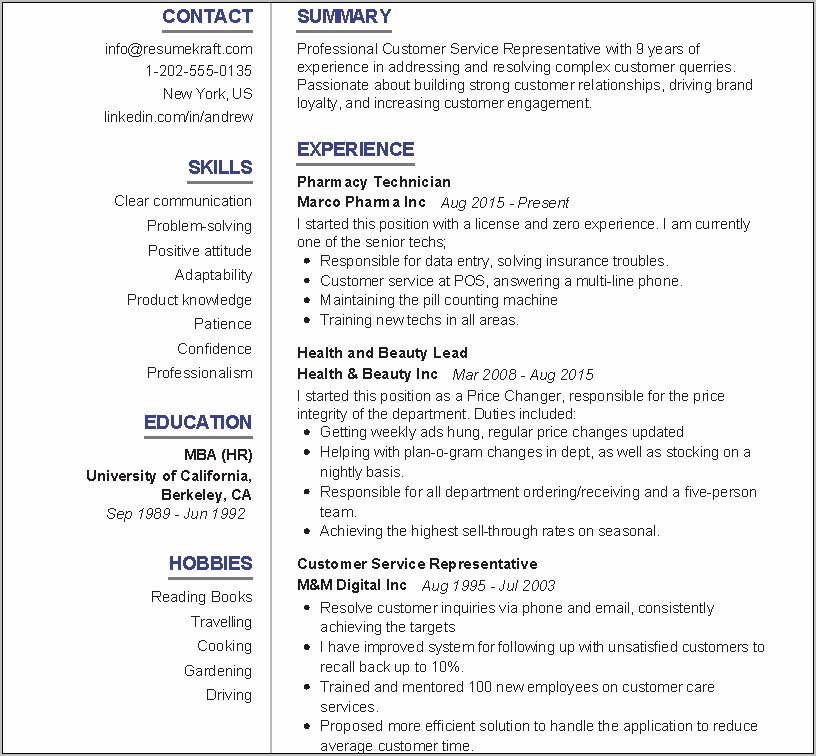 Resumes Example For Customer Service