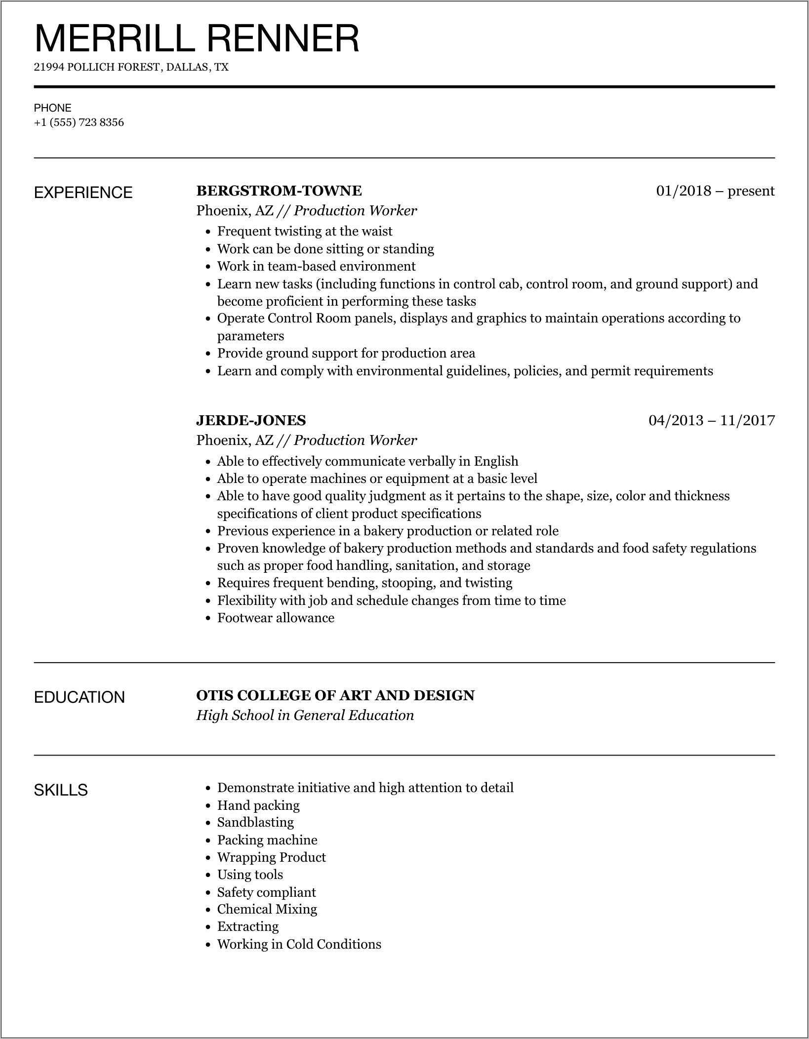 Resumes For Factory Work Example