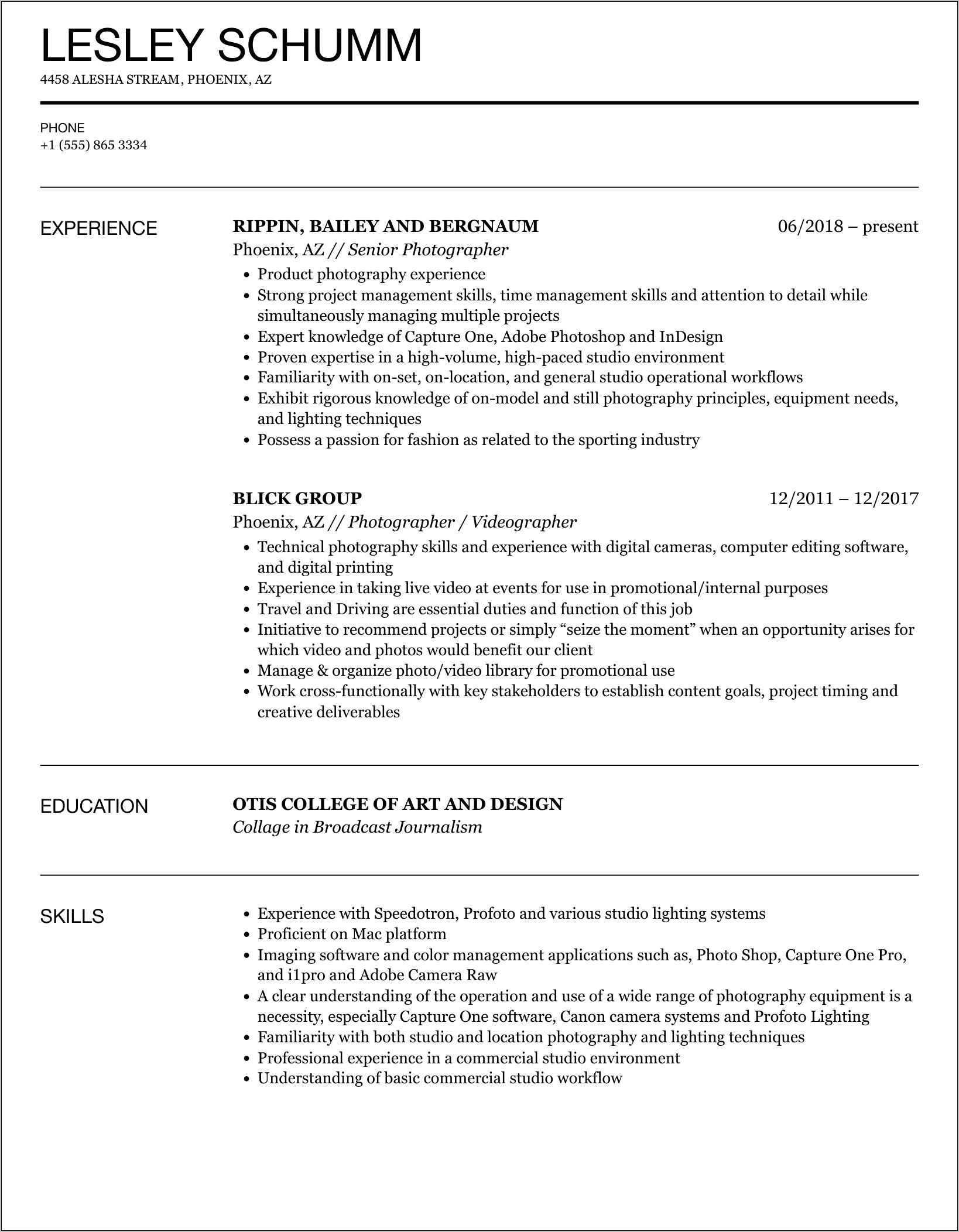 Resumes Skill Examples For Photographers