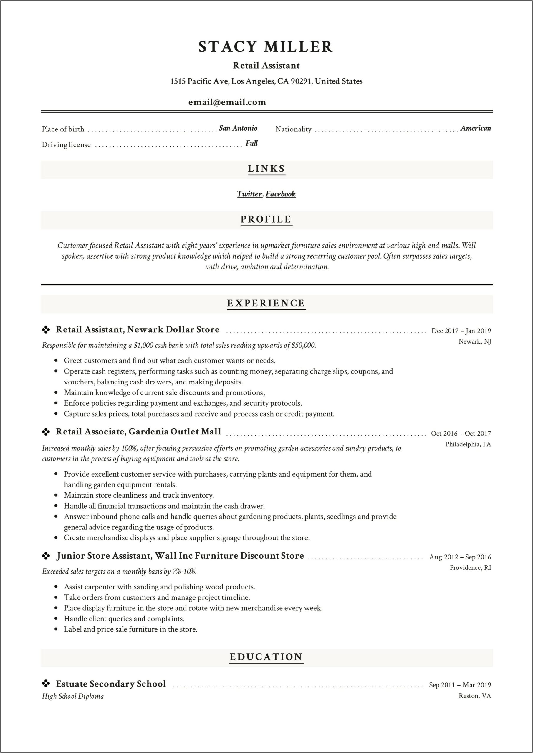 Retail Assistant Job Sample Resume