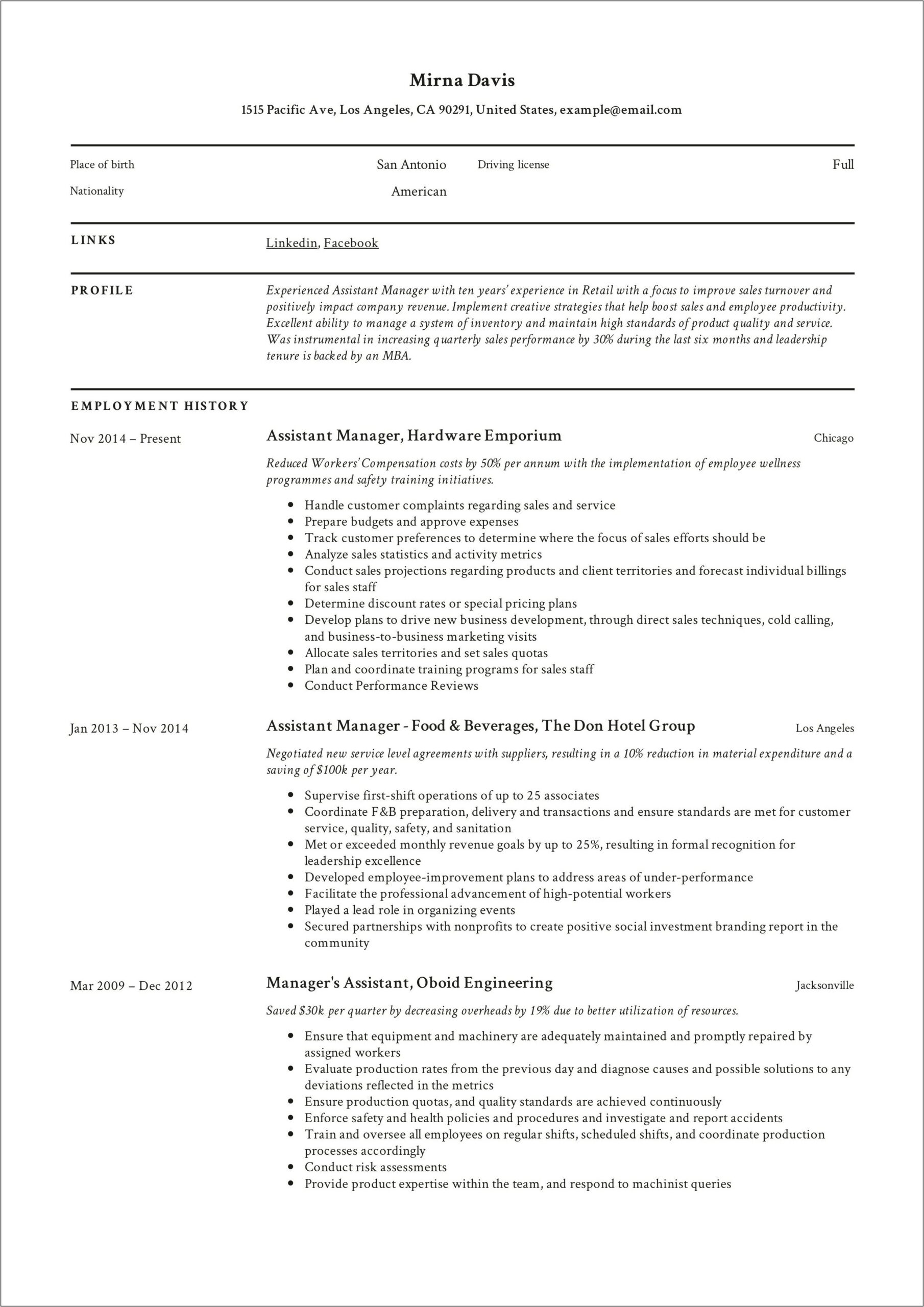 Retail Assistant Manager Responsibilities Resume