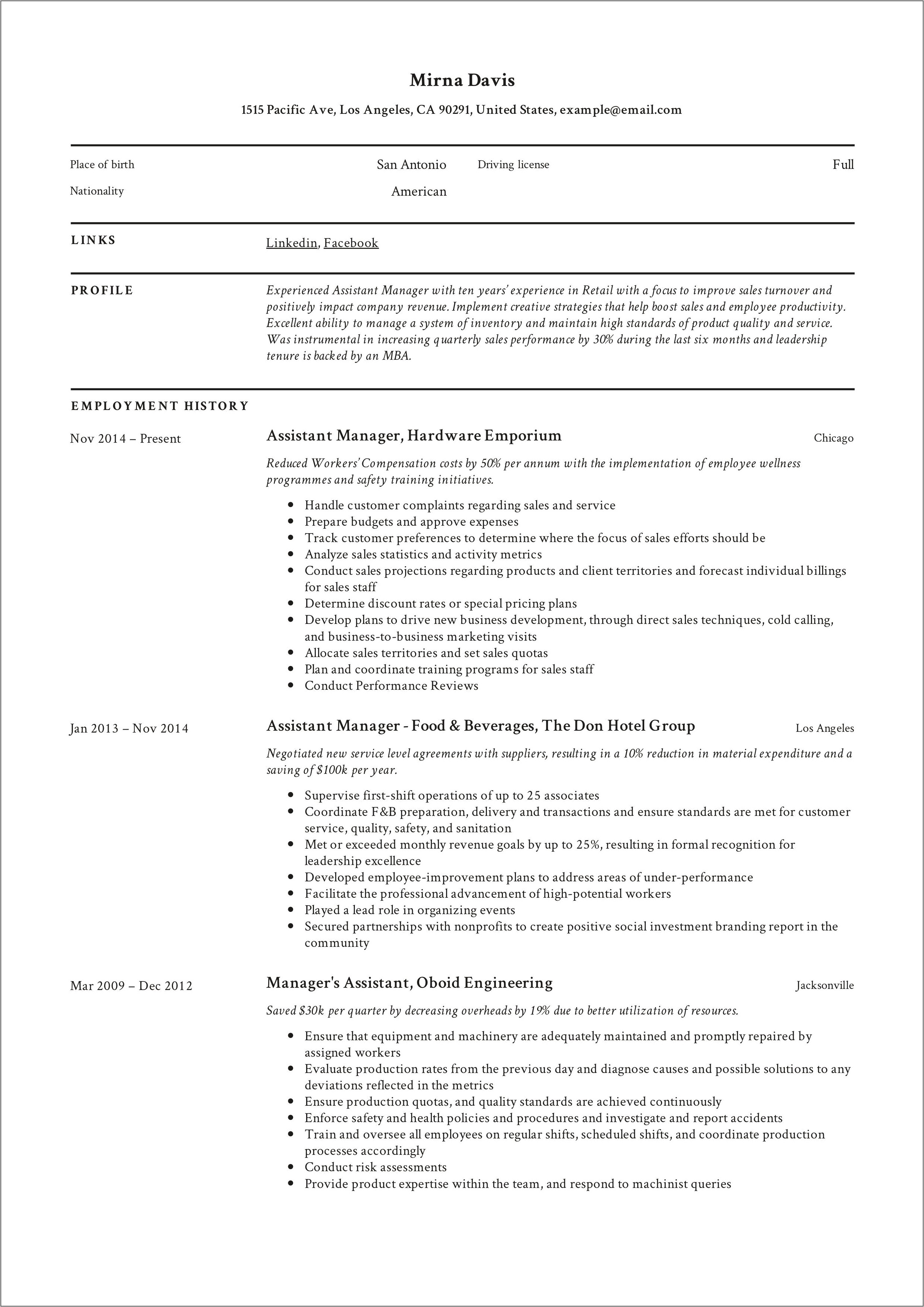 Retail Assistant Manager Responsibilities Resume