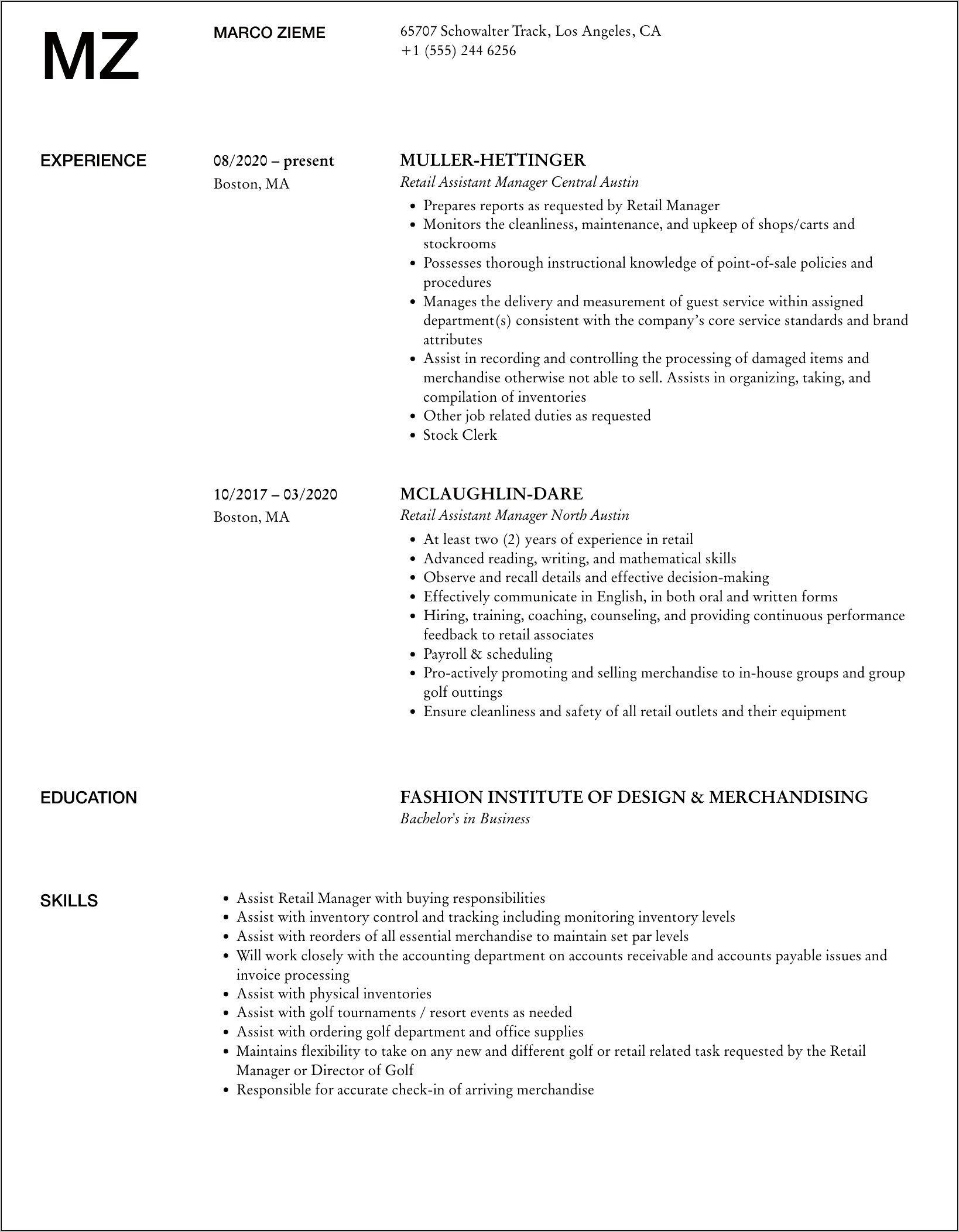 Retail Assistant Manager Skills Resume