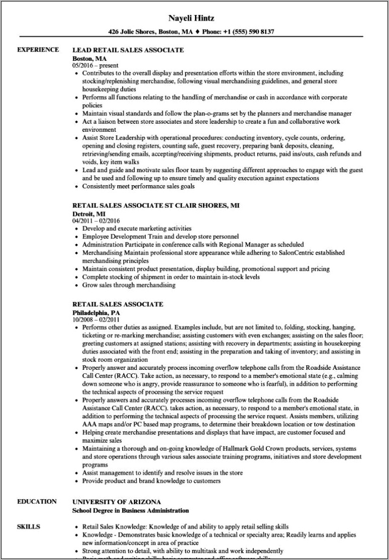Retail Sales Position Resume Examples