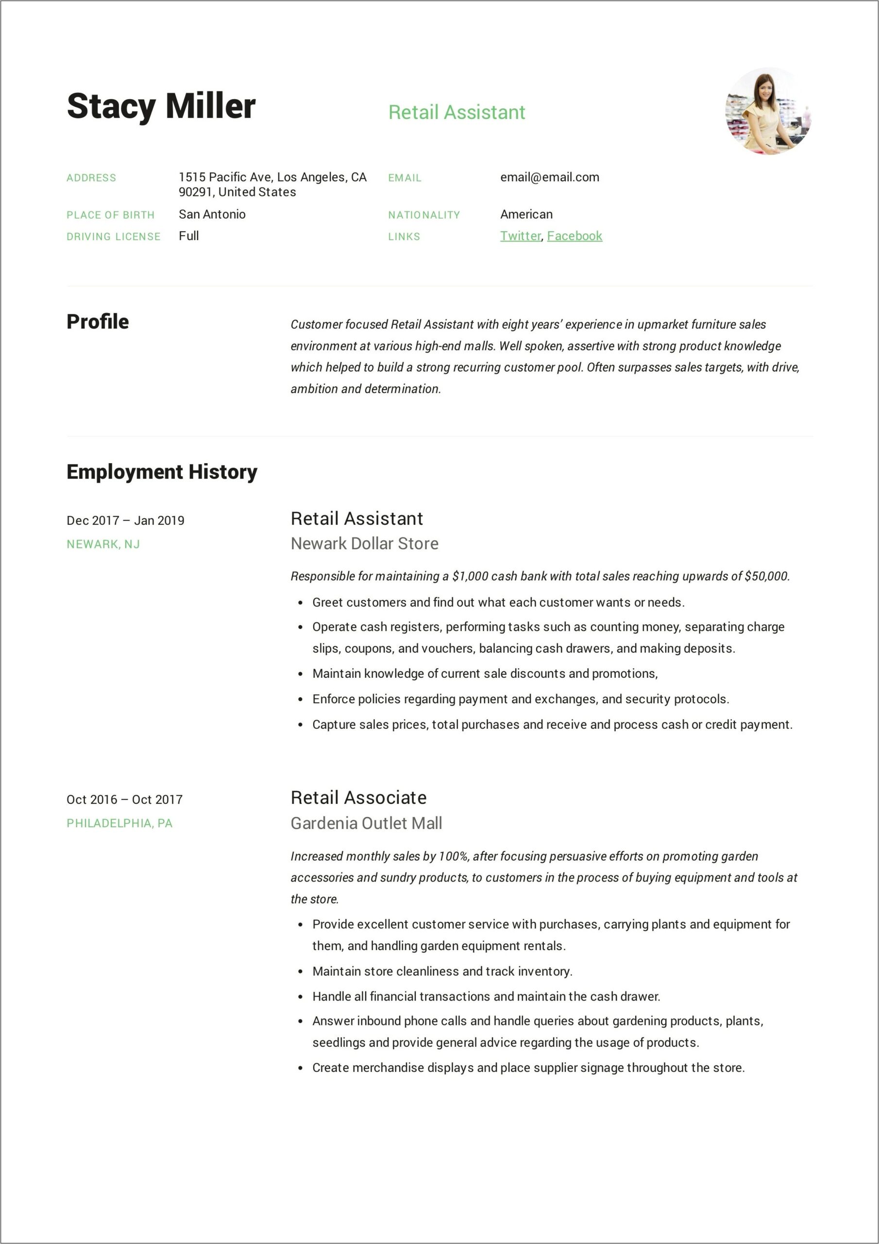 Retail Store Assistant Resume Sample