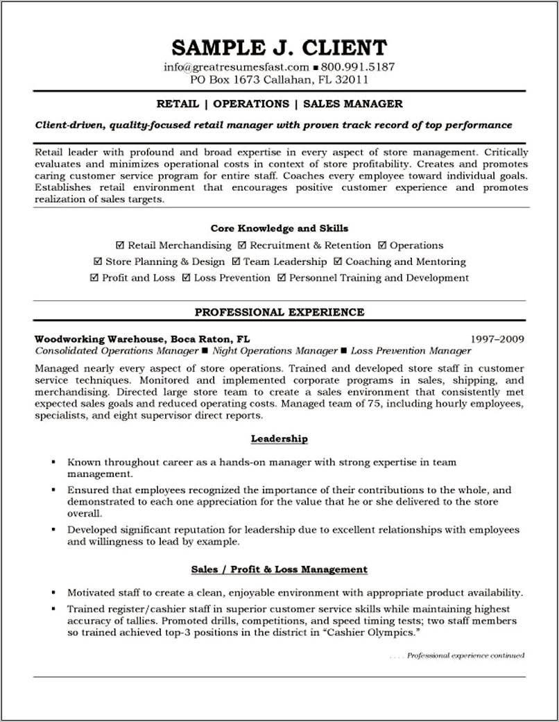 Retail Store Manager Resume Examples