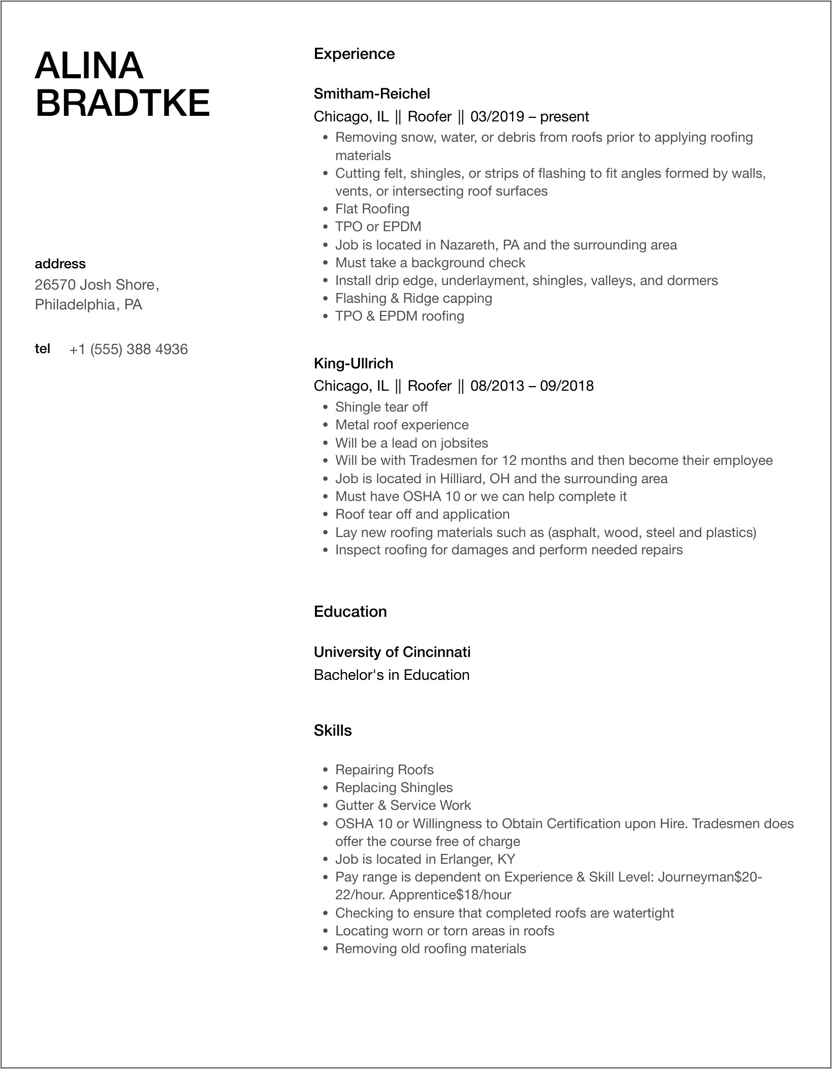 Roofing Job Description For Resume