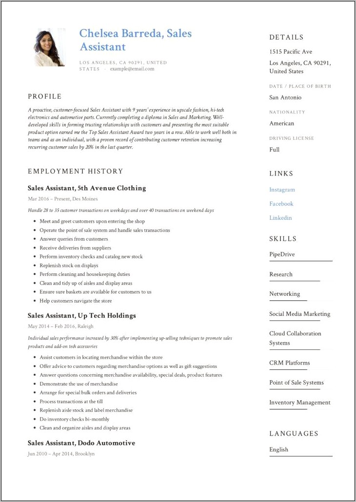 Sales Advisor Job Description Resume