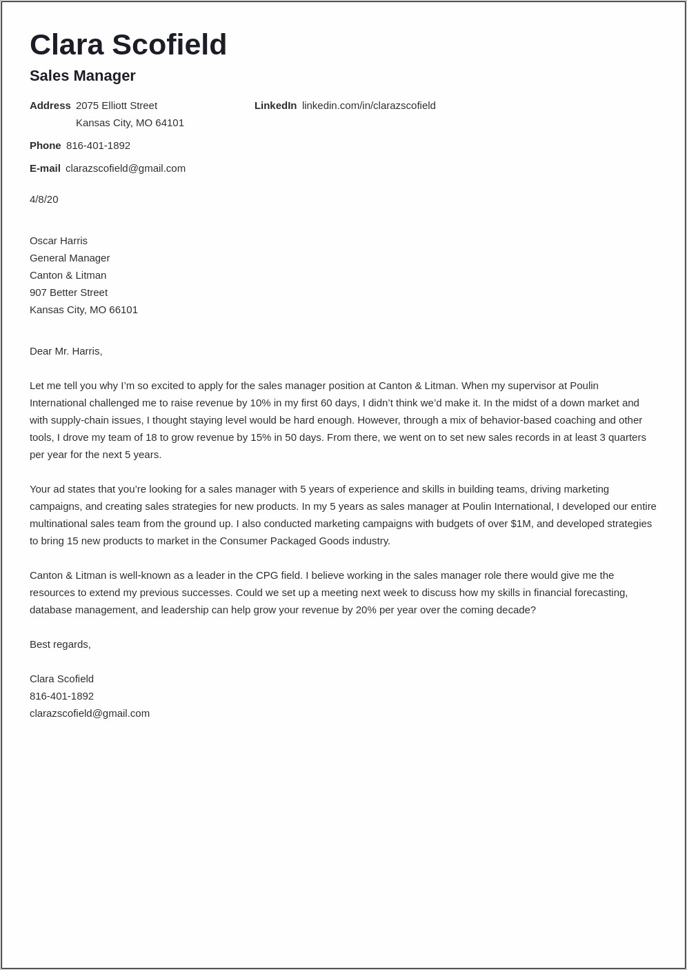 Sales Management Resume Cover Letter