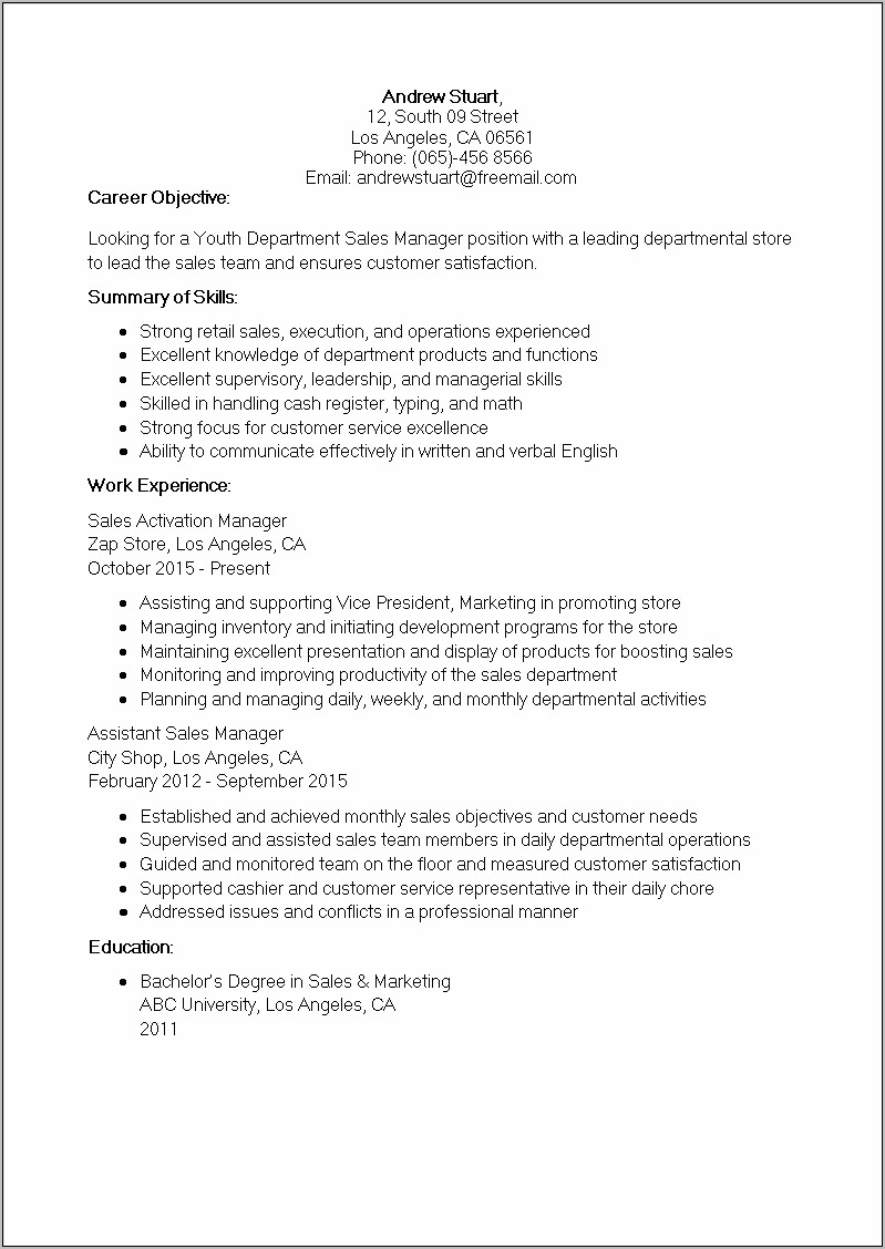 Sales Manager For Phones Resume