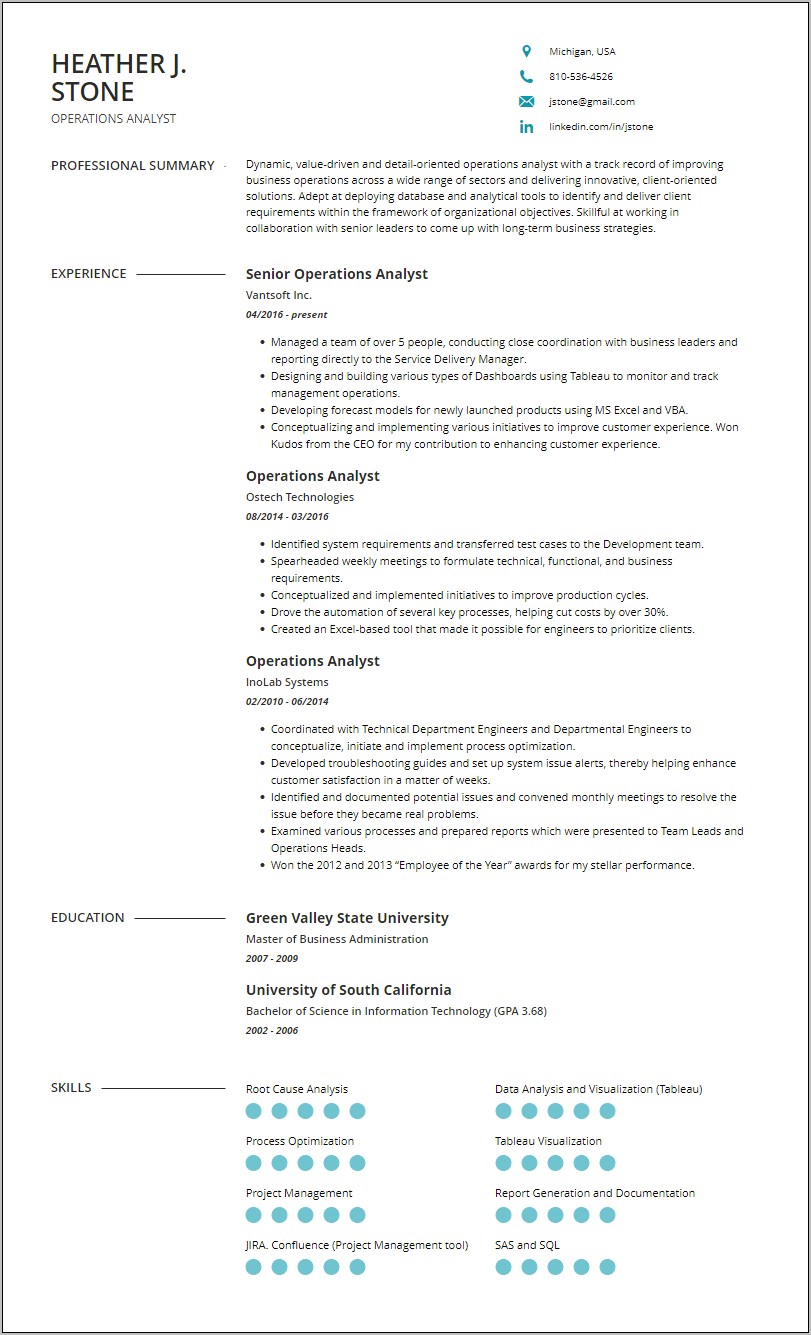 Sales Operations Analyst Resume Examples