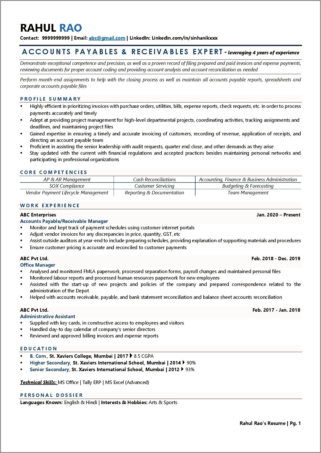 Sample Accounts Receivable Resume Template