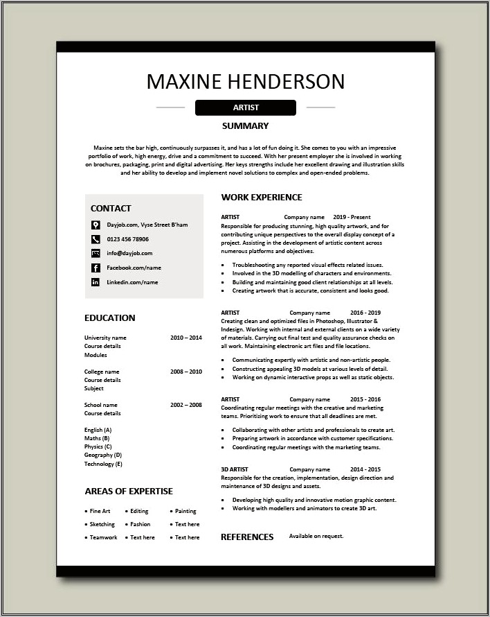 Sample Artist Resume And Biography