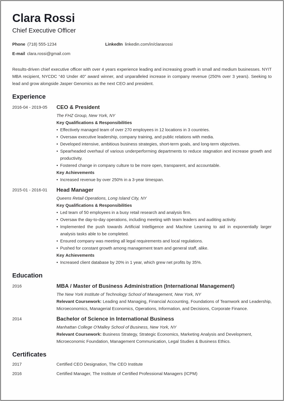 Sample Chief Administrative Officer Resume