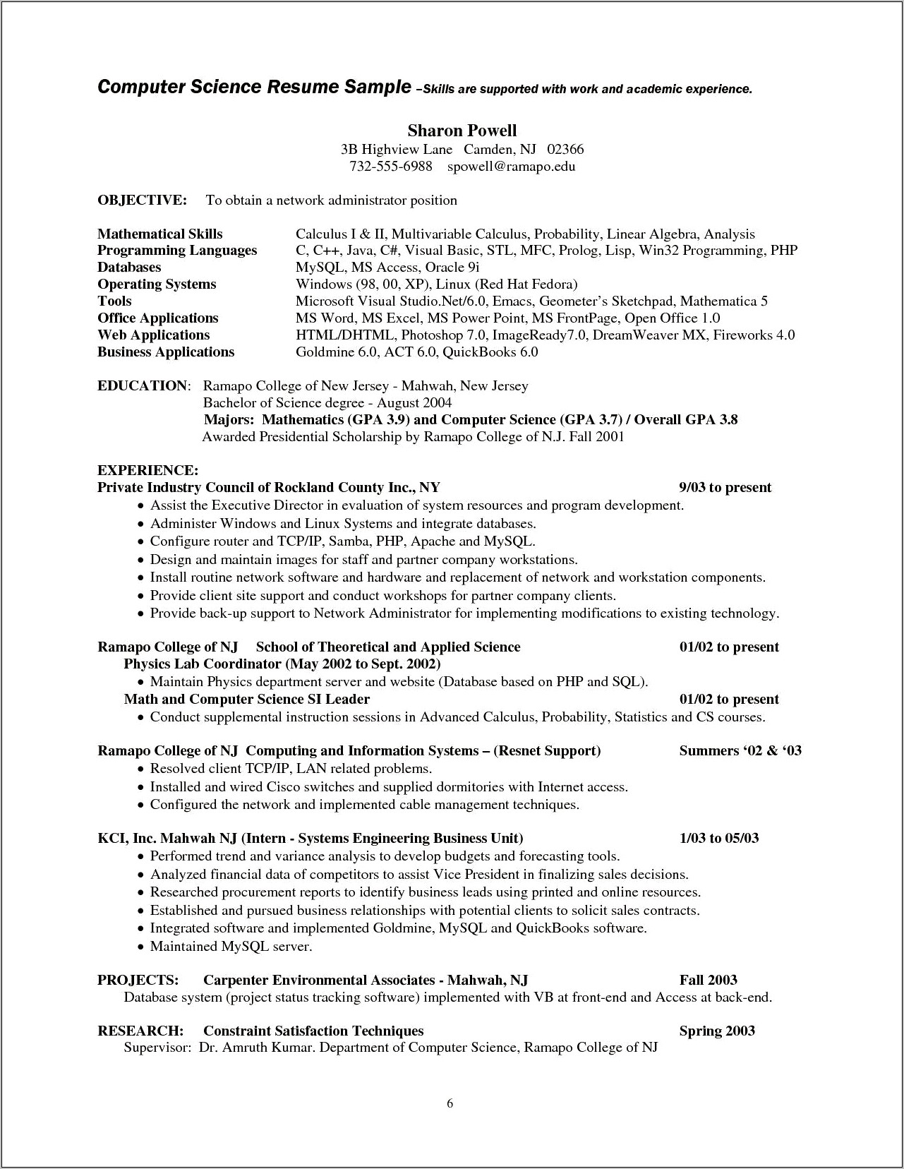 Sample Computer Grad Science Resume