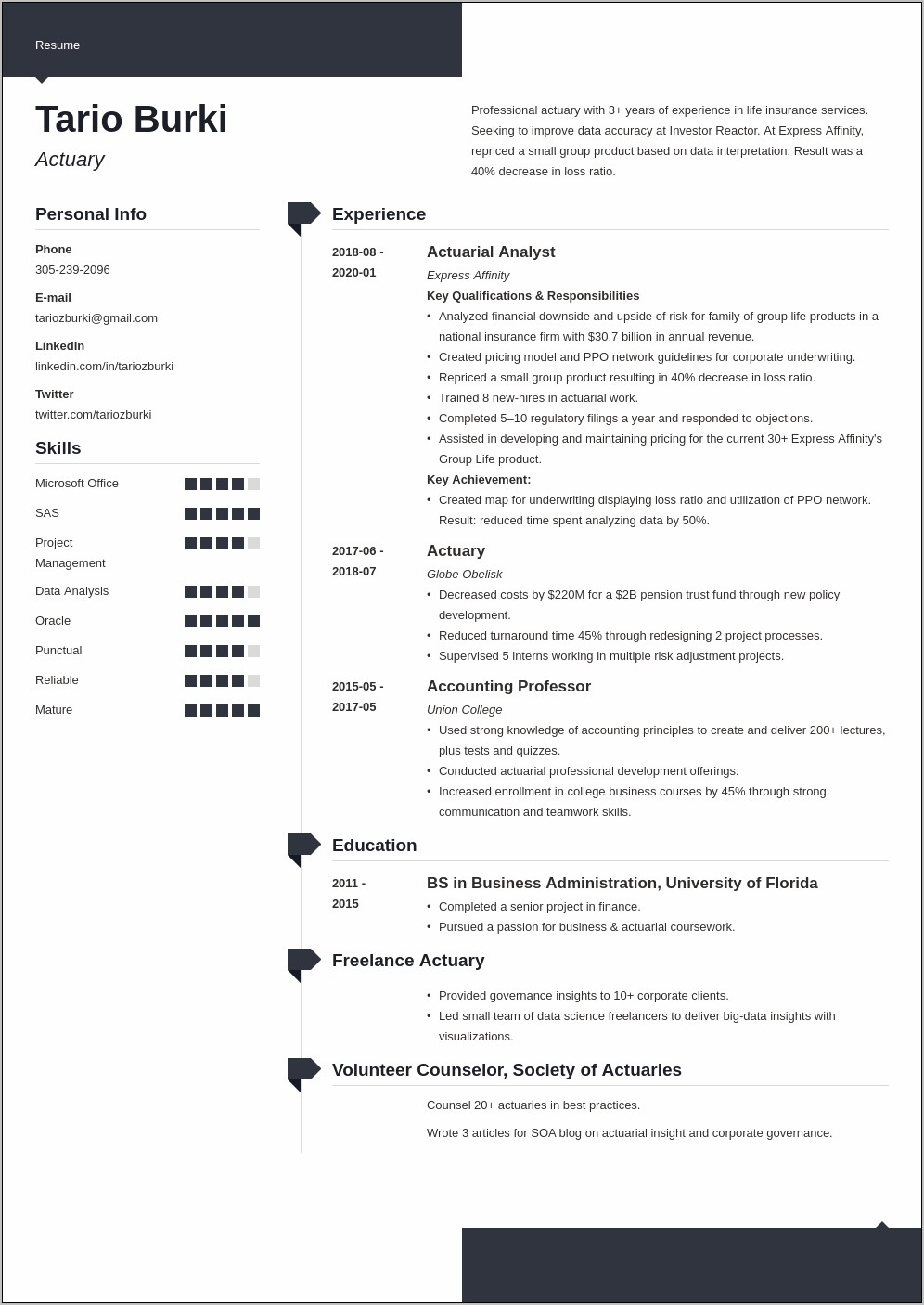 Sample Entry Level Actuary Resume
