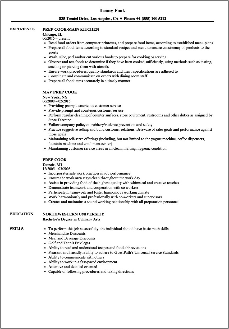 Sample Entry Level Culinary Resume