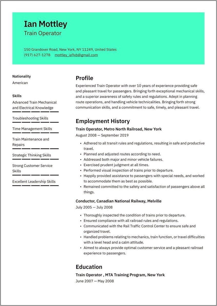 Sample Freight Train Conductor Resume