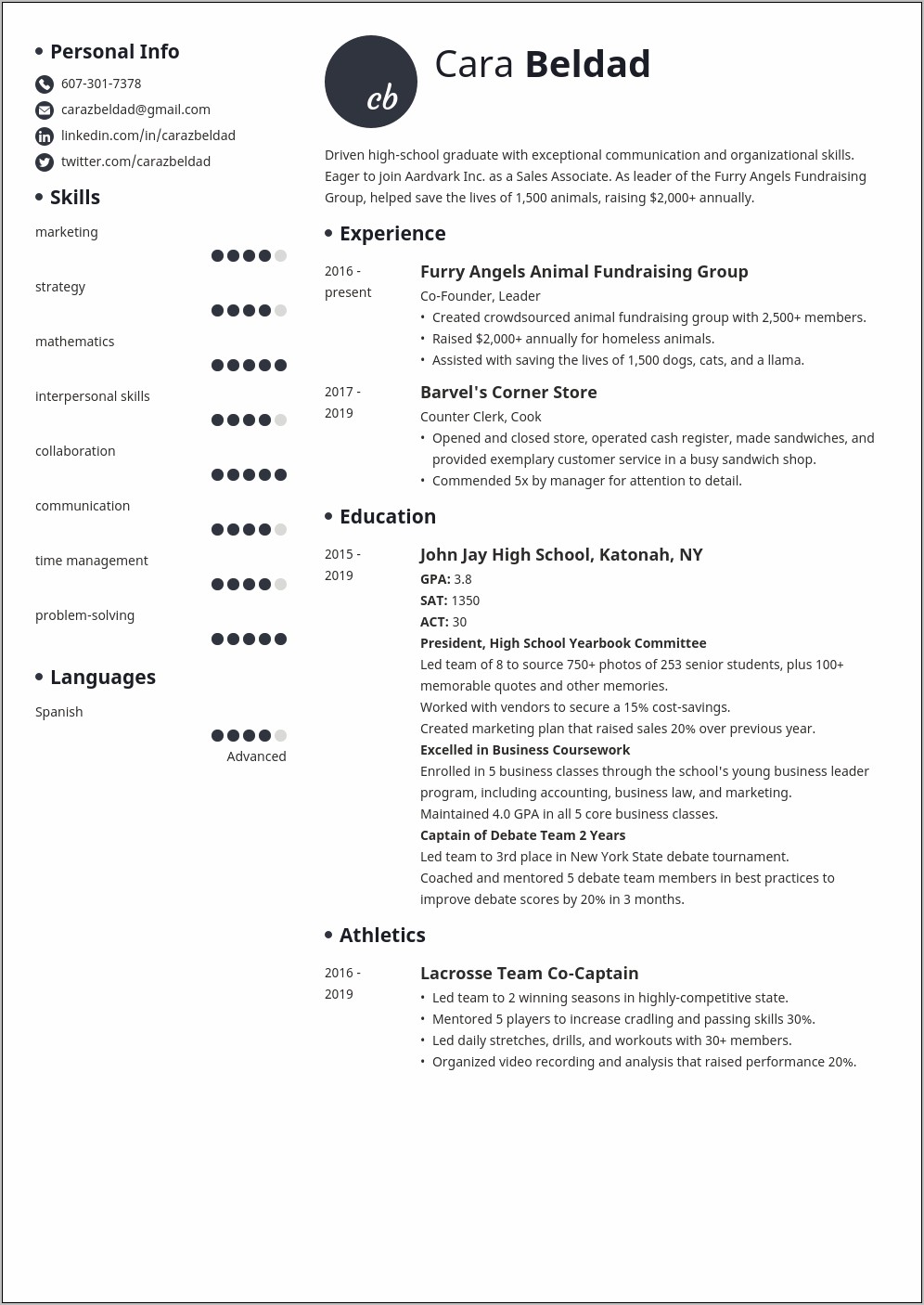 Sample High School Resume Profile