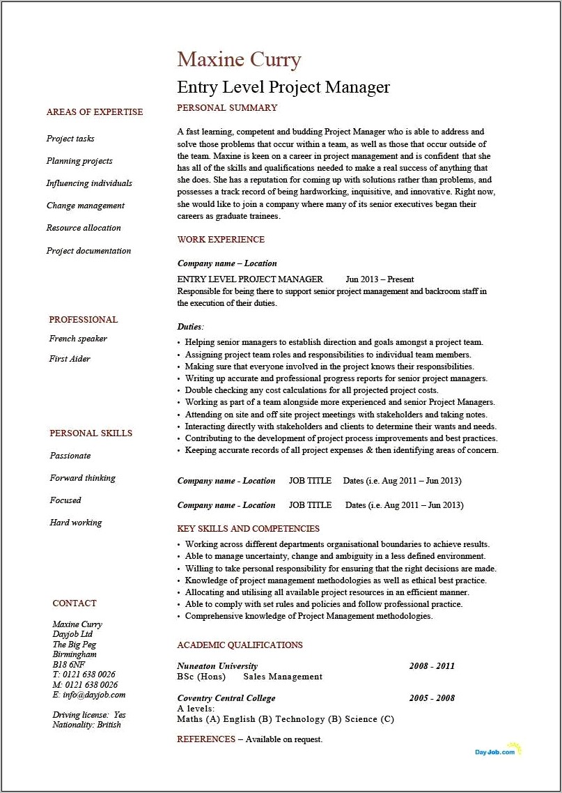Sample Junior Project Manager Resumes