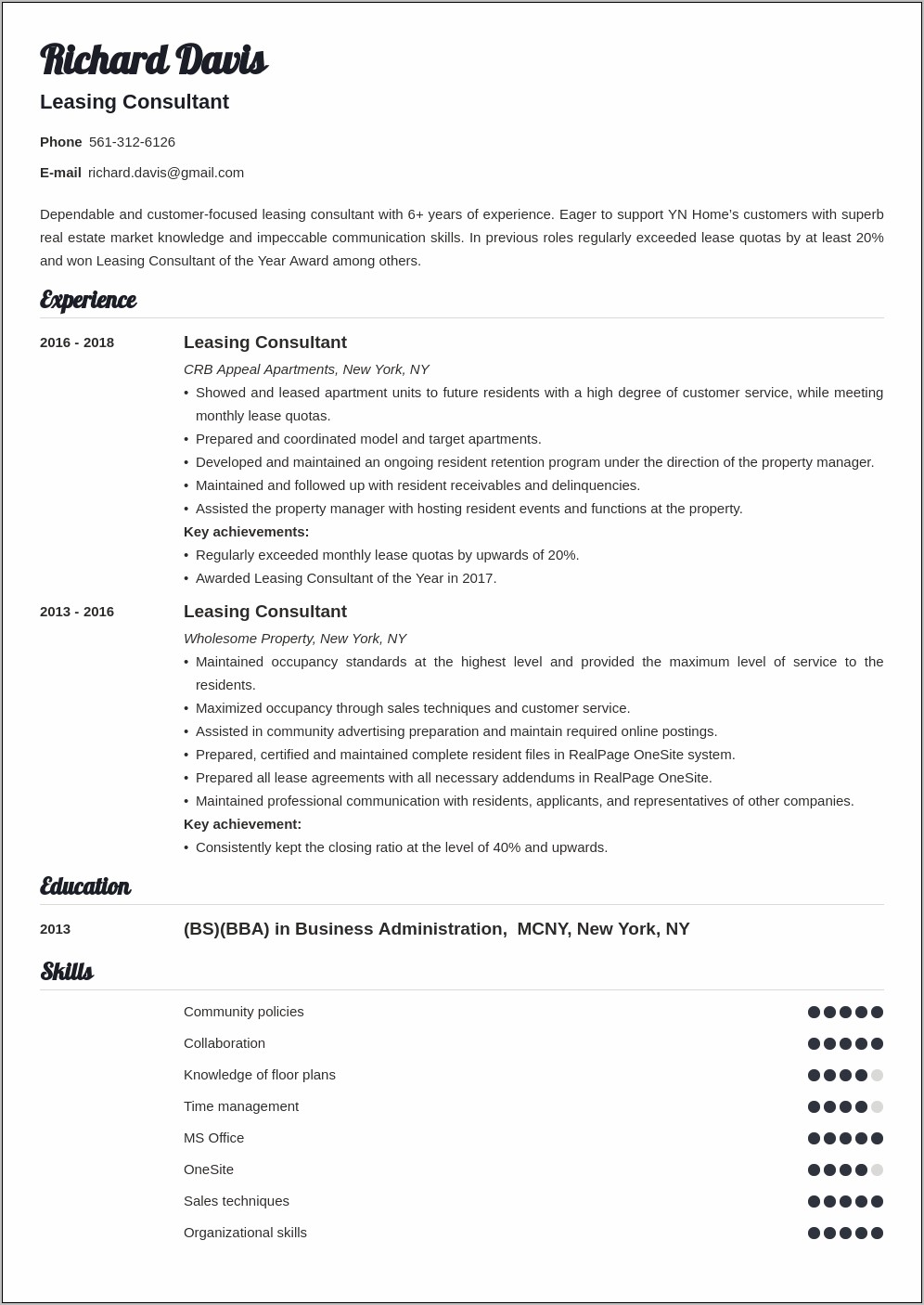 Sample Of Lease Up Resume