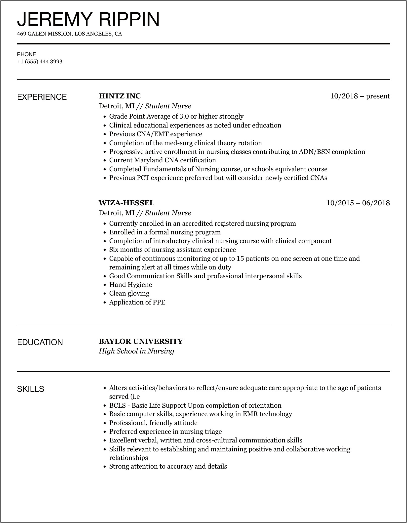 Sample Of Student Nurse Resume